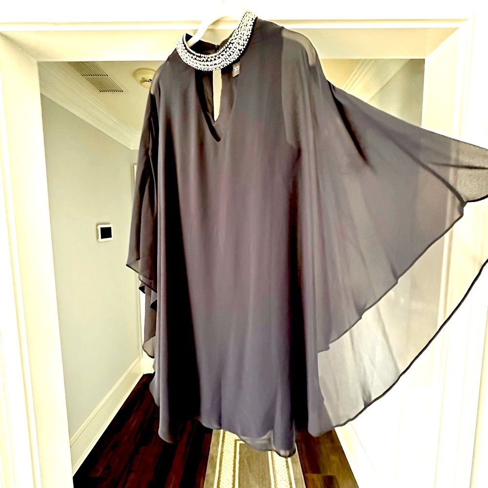 Xscape Women's Short Navy Dress Chiffon Overlay and Bead Choker Neck Size 16 EUC - Picture 6 of 10